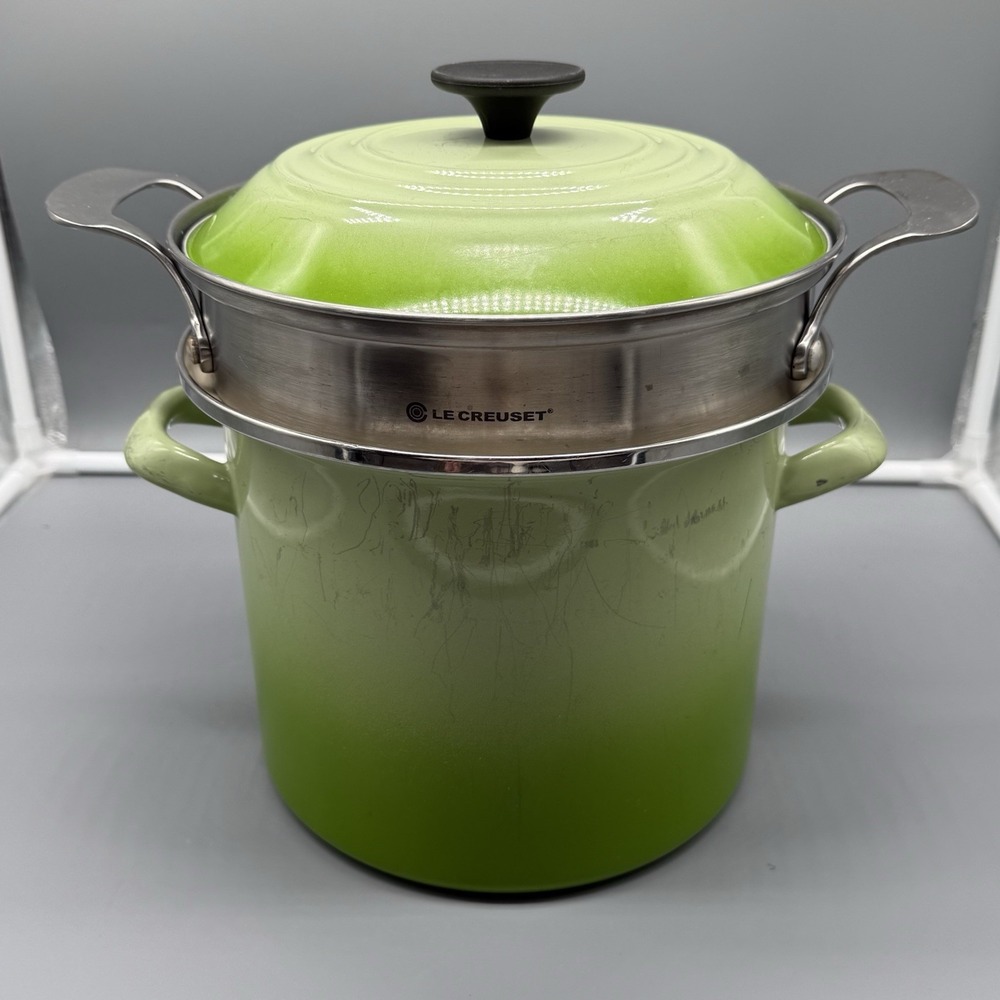 Le Creuset 8 Qt Stock Pot W Steamer Insert Green Enamel Soup Pasta Pot w Lid